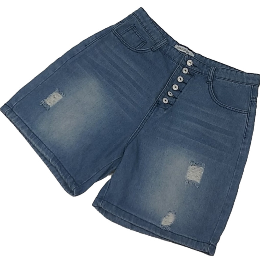 Misslook Vintage Blue Light Wash Distressed High Rise Button Fly Jean Short